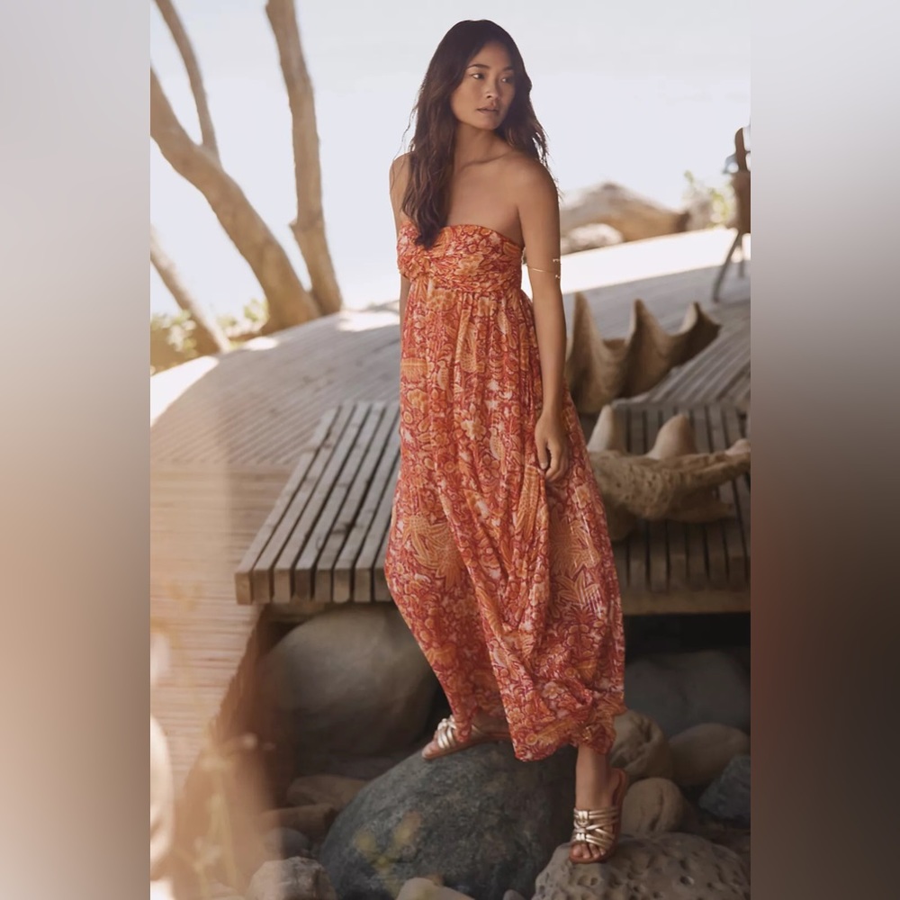 Anthropologie Harem Jumpsuit Orange Shimmer Strapless Beachwear Pool Cover Up S